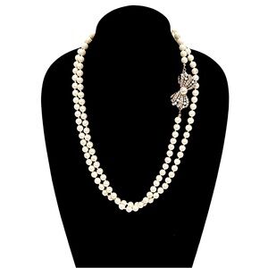 Double-Strand Ivory Pearl Necklace with Jeweled Bow Accent